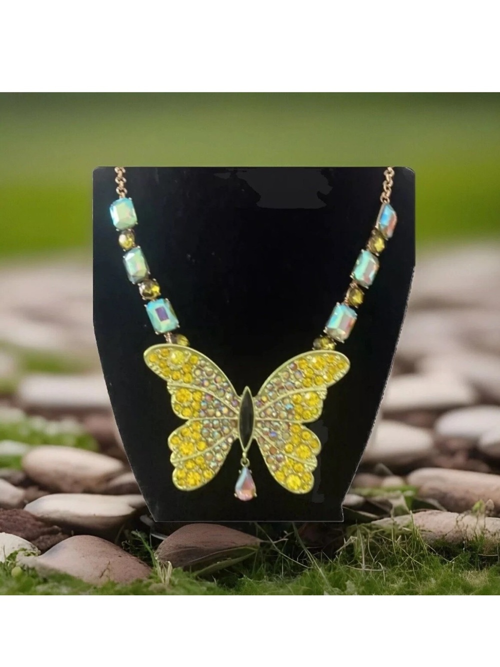 NEW Betsey Johnson GoldTone Yellow Crystal Blooming Butterfly Statement Necklace